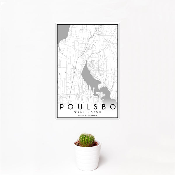 12x18 Poulsbo Washington Map Print Portrait Orientation in Classic Style With Small Cactus Plant in White Planter