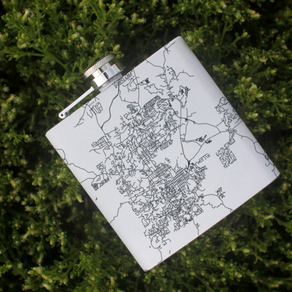 Prescott Arizona Custom Engraved City Map Inscription Coordinates on 6oz Stainless Steel Flask in White