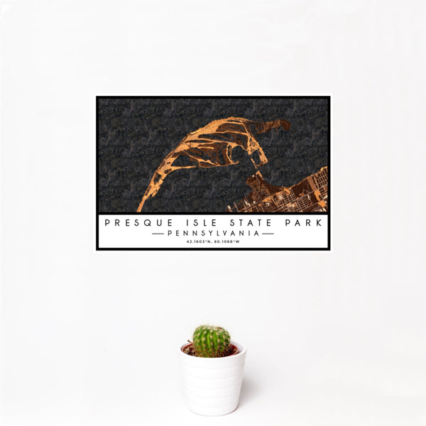 12x18 Presque Isle State Park Pennsylvania Map Print Landscape Orientation in Ember Style With Small Cactus Plant in White Planter