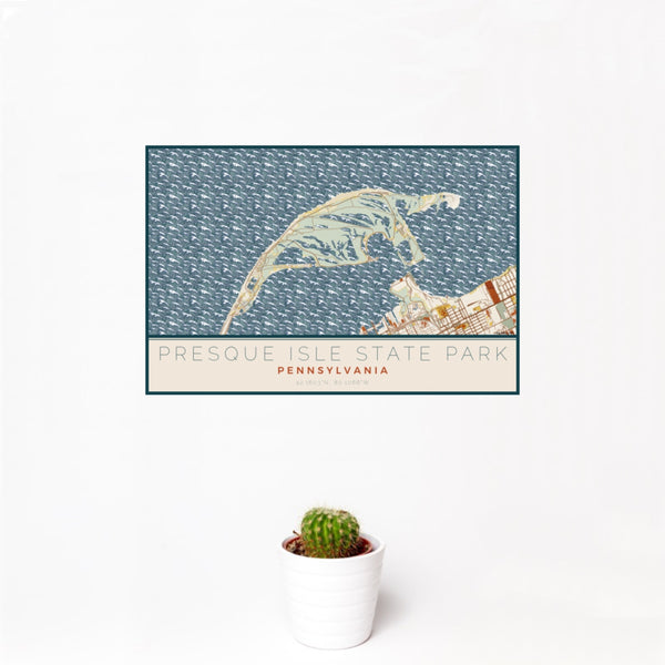 12x18 Presque Isle State Park Pennsylvania Map Print Landscape Orientation in Woodblock Style With Small Cactus Plant in White Planter