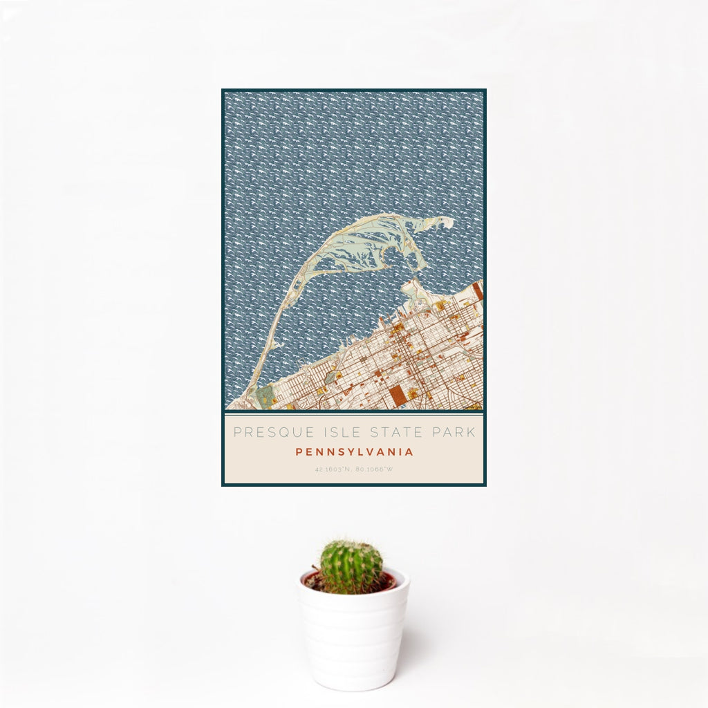 12x18 Presque Isle State Park Pennsylvania Map Print Portrait Orientation in Woodblock Style With Small Cactus Plant in White Planter