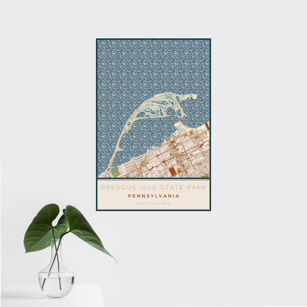 16x24 Presque Isle State Park Pennsylvania Map Print Portrait Orientation in Woodblock Style With Tropical Plant Leaves in Water