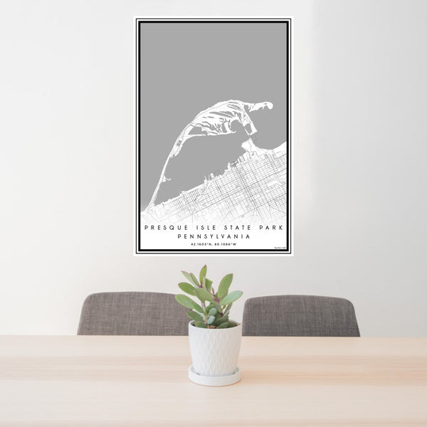 24x36 Presque Isle State Park Pennsylvania Map Print Portrait Orientation in Classic Style Behind 2 Chairs Table and Potted Plant