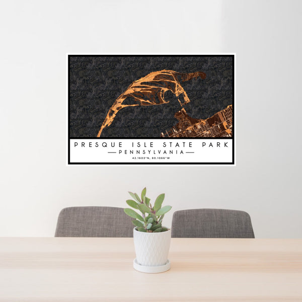 24x36 Presque Isle State Park Pennsylvania Map Print Lanscape Orientation in Ember Style Behind 2 Chairs Table and Potted Plant