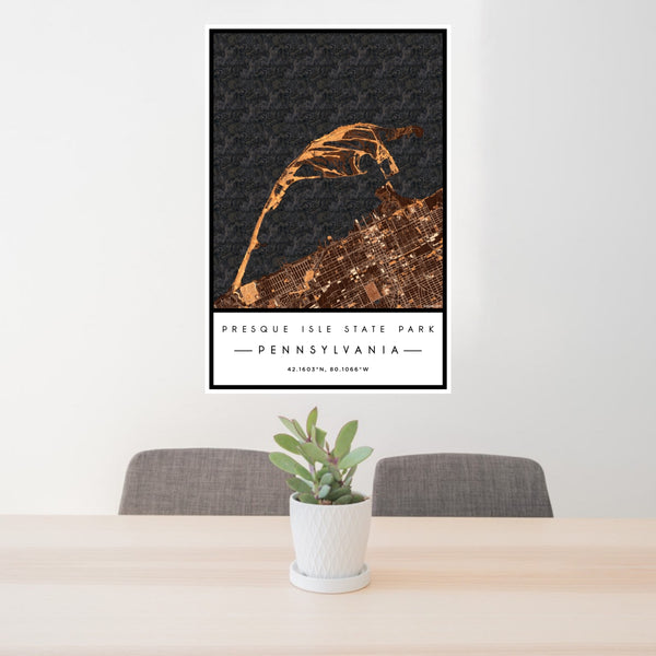 24x36 Presque Isle State Park Pennsylvania Map Print Portrait Orientation in Ember Style Behind 2 Chairs Table and Potted Plant