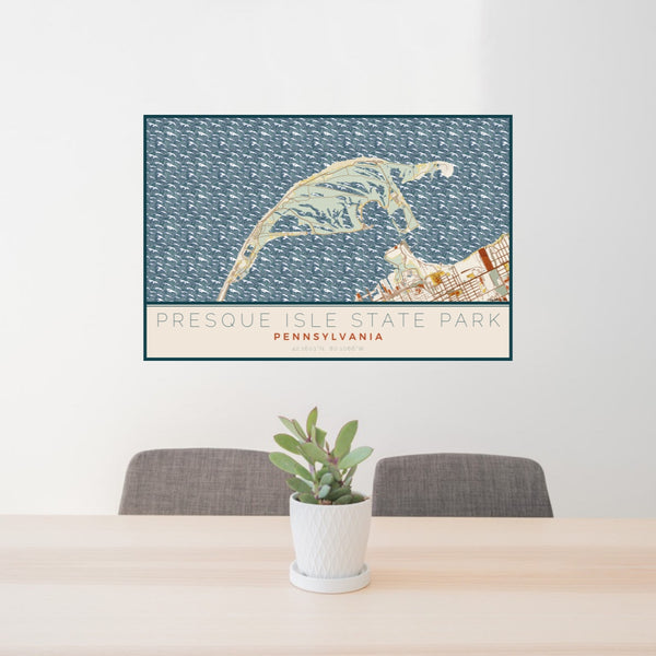 24x36 Presque Isle State Park Pennsylvania Map Print Lanscape Orientation in Woodblock Style Behind 2 Chairs Table and Potted Plant