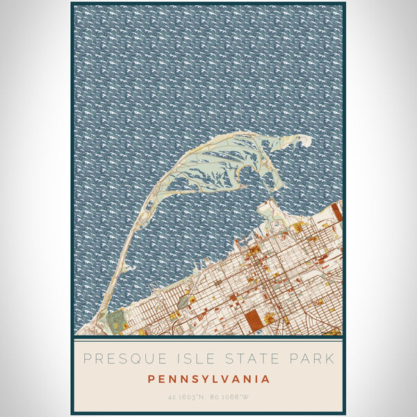 Presque Isle State Park Pennsylvania Map Print Portrait Orientation in Woodblock Style With Shaded Background