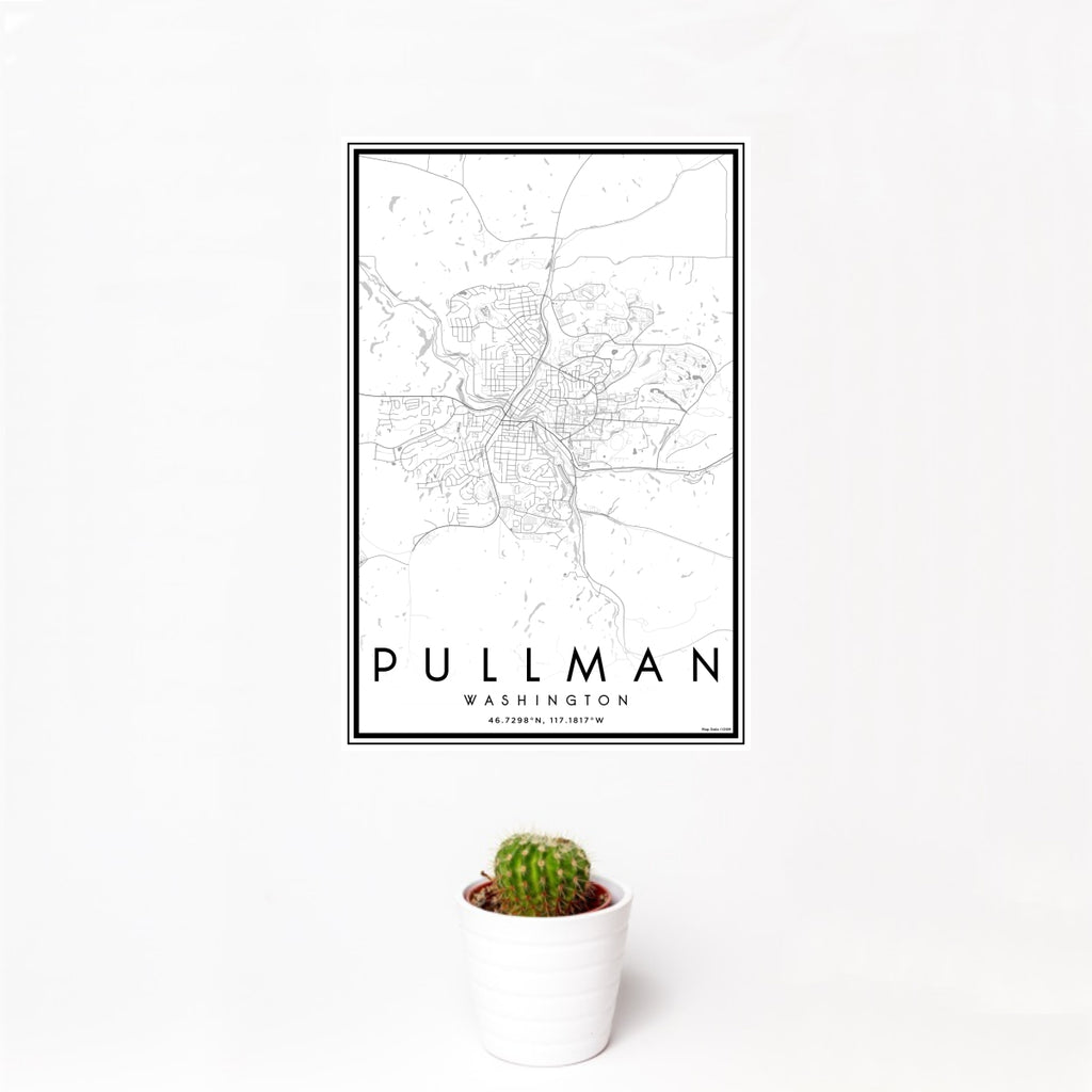 12x18 Pullman Washington Map Print Portrait Orientation in Classic Style With Small Cactus Plant in White Planter