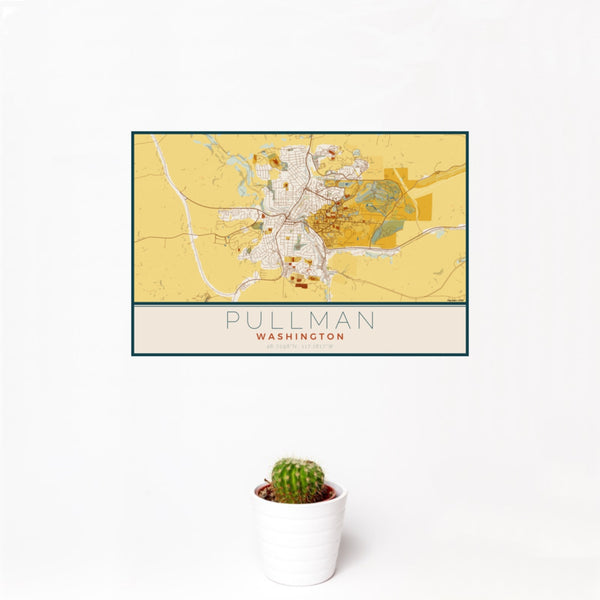 12x18 Pullman Washington Map Print Landscape Orientation in Woodblock Style With Small Cactus Plant in White Planter