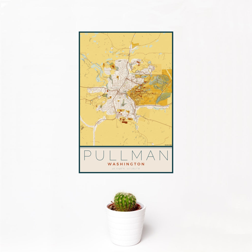 12x18 Pullman Washington Map Print Portrait Orientation in Woodblock Style With Small Cactus Plant in White Planter