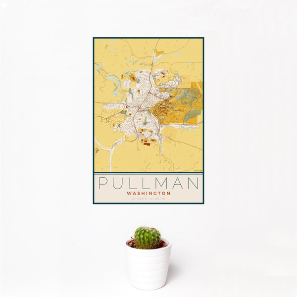 12x18 Pullman Washington Map Print Portrait Orientation in Woodblock Style With Small Cactus Plant in White Planter