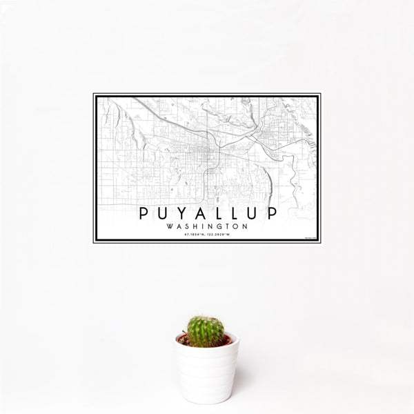 12x18 Puyallup Washington Map Print Landscape Orientation in Classic Style With Small Cactus Plant in White Planter