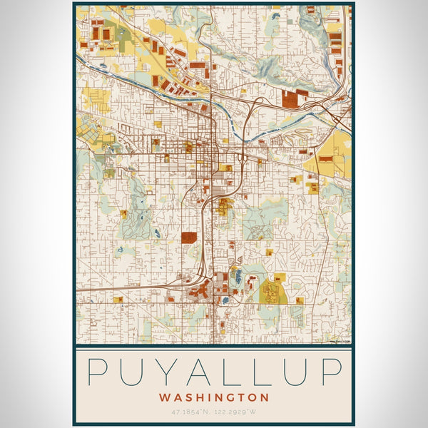 Puyallup Washington Map Print Portrait Orientation in Woodblock Style With Shaded Background