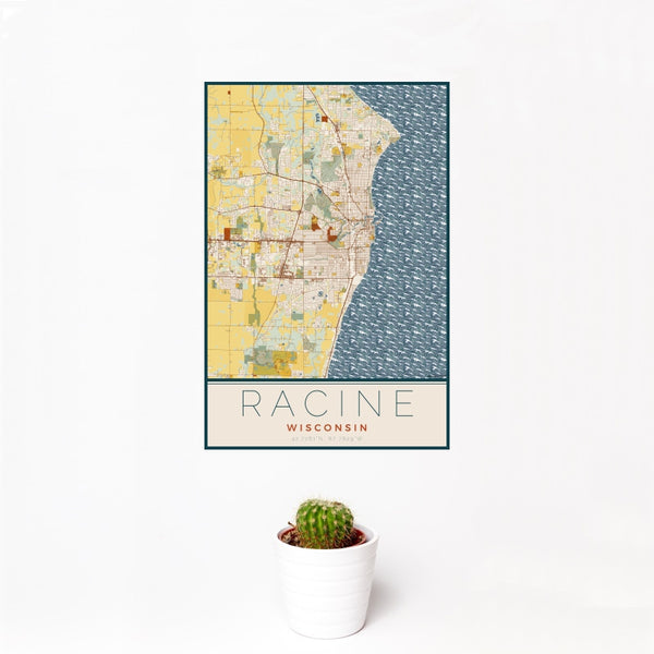 Racine - Wisconsin Map Print in Woodblock