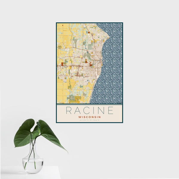 Racine - Wisconsin Map Print in Woodblock