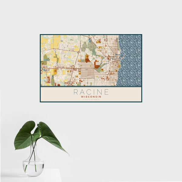 Racine - Wisconsin Map Print in Woodblock