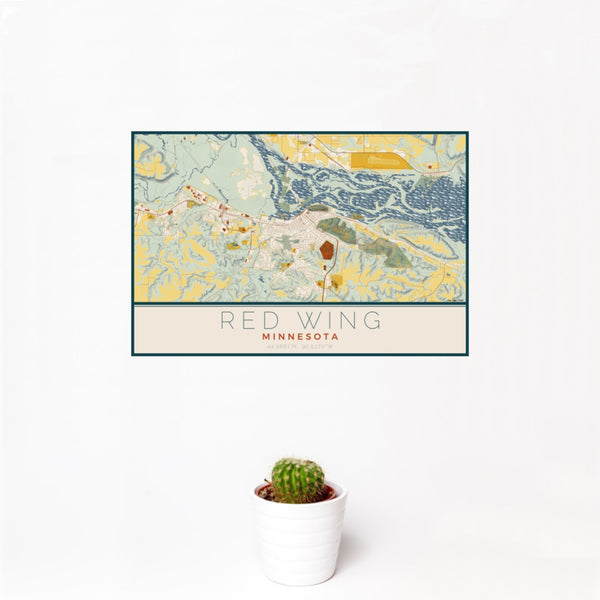 12x18 Red Wing Minnesota Map Print Landscape Orientation in Woodblock Style With Small Cactus Plant in White Planter