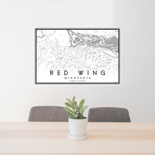 24x36 Red Wing Minnesota Map Print Lanscape Orientation in Classic Style Behind 2 Chairs Table and Potted Plant