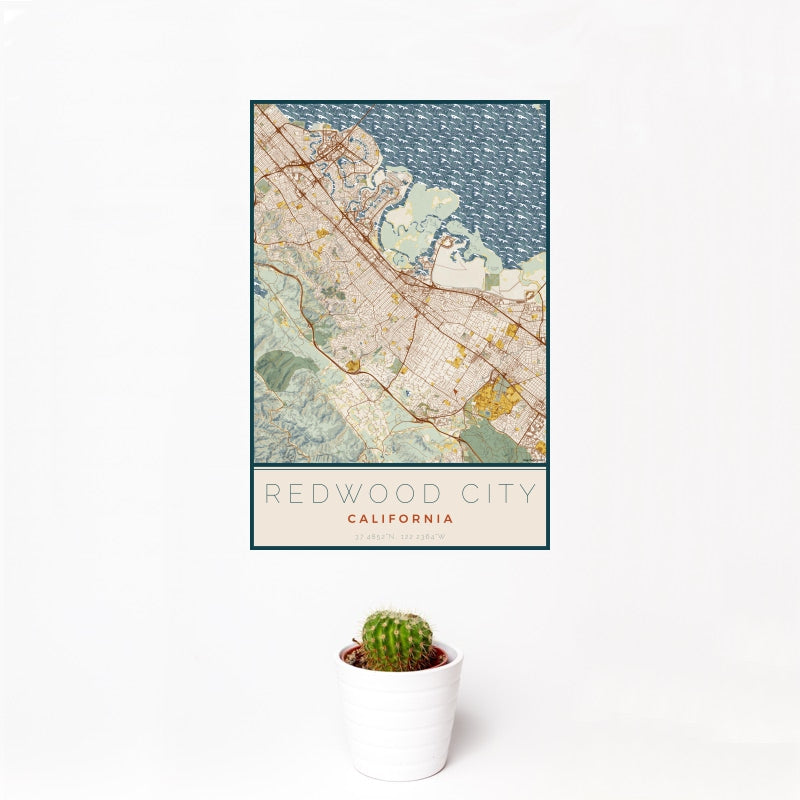 Redwood City - California Map Print in Woodblock