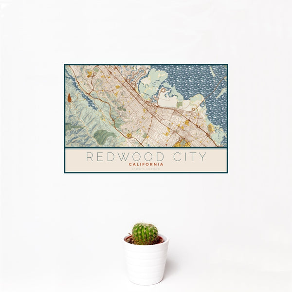 Redwood City - California Map Print in Woodblock