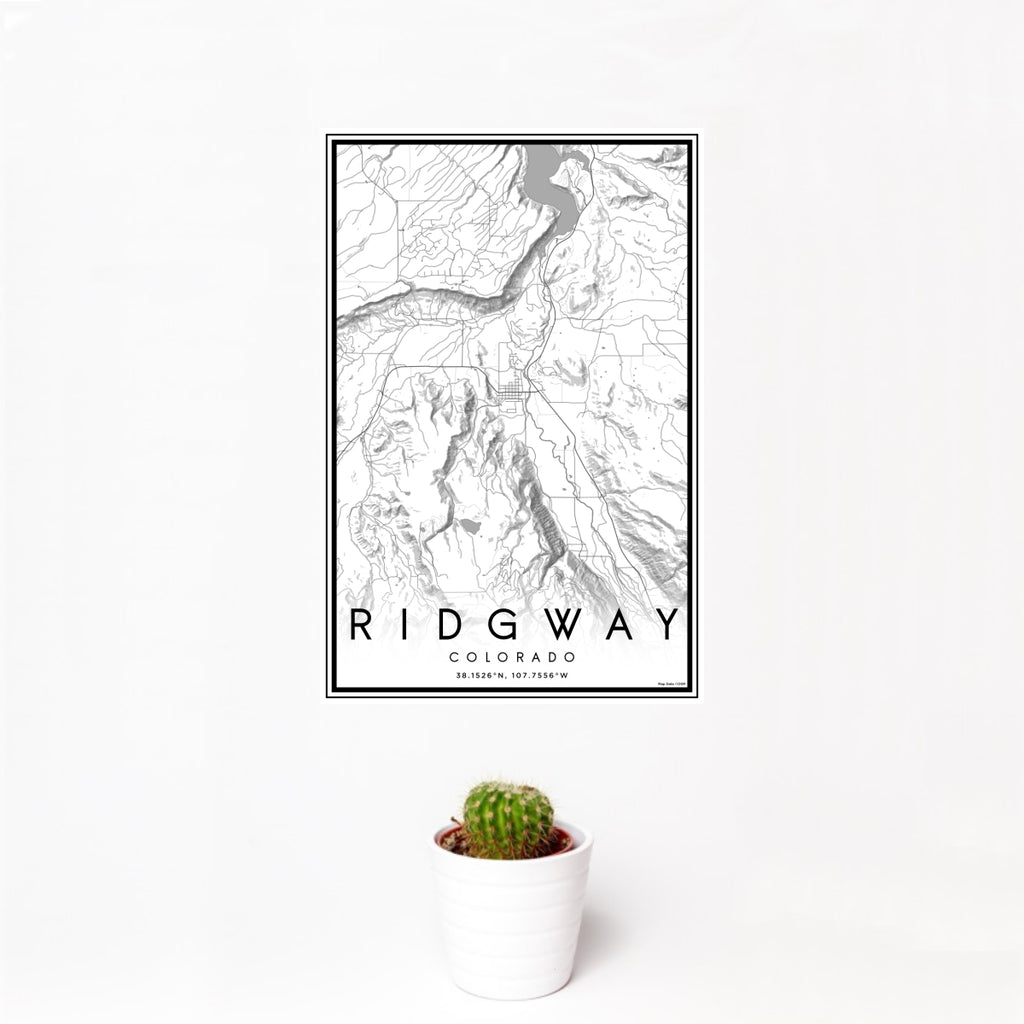 12x18 Ridgway Colorado Map Print Portrait Orientation in Classic Style With Small Cactus Plant in White Planter