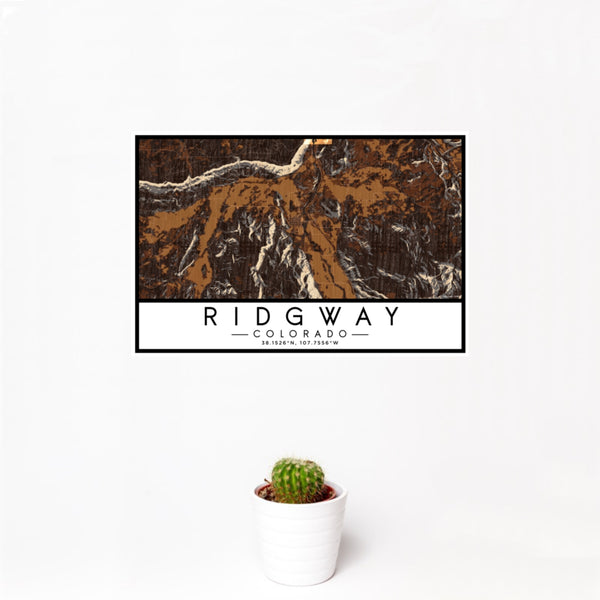 12x18 Ridgway Colorado Map Print Landscape Orientation in Ember Style With Small Cactus Plant in White Planter