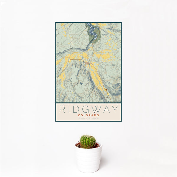 12x18 Ridgway Colorado Map Print Portrait Orientation in Woodblock Style With Small Cactus Plant in White Planter