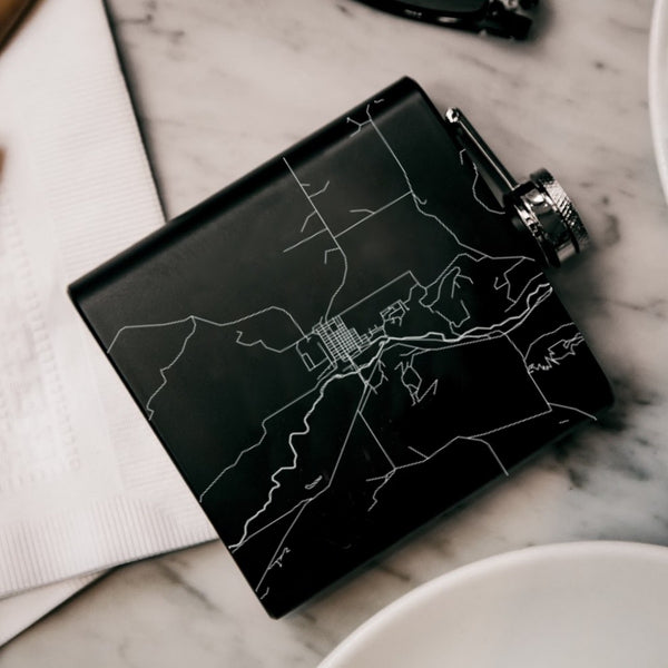 Ridgway Colorado Custom Engraved City Map Inscription Coordinates on 6oz Stainless Steel Flask in Black