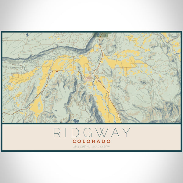 Ridgway Colorado Map Print Landscape Orientation in Woodblock Style With Shaded Background