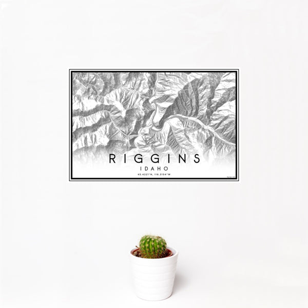 12x18 Riggins Idaho Map Print Landscape Orientation in Classic Style With Small Cactus Plant in White Planter