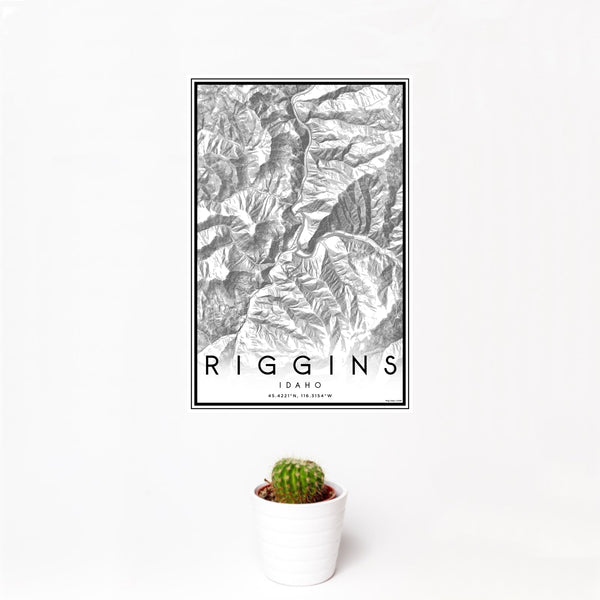 12x18 Riggins Idaho Map Print Portrait Orientation in Classic Style With Small Cactus Plant in White Planter