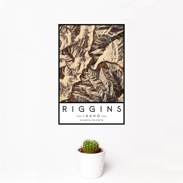12x18 Riggins Idaho Map Print Portrait Orientation in Ember Style With Small Cactus Plant in White Planter