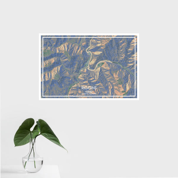 16x24 Riggins Idaho Map Print Landscape Orientation in Afternoon Style With Tropical Plant Leaves in Water