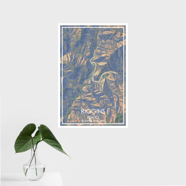 16x24 Riggins Idaho Map Print Portrait Orientation in Afternoon Style With Tropical Plant Leaves in Water
