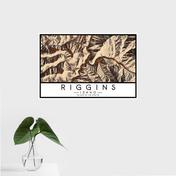 16x24 Riggins Idaho Map Print Landscape Orientation in Ember Style With Tropical Plant Leaves in Water