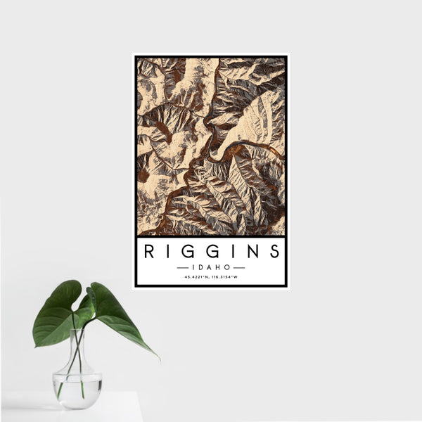 16x24 Riggins Idaho Map Print Portrait Orientation in Ember Style With Tropical Plant Leaves in Water