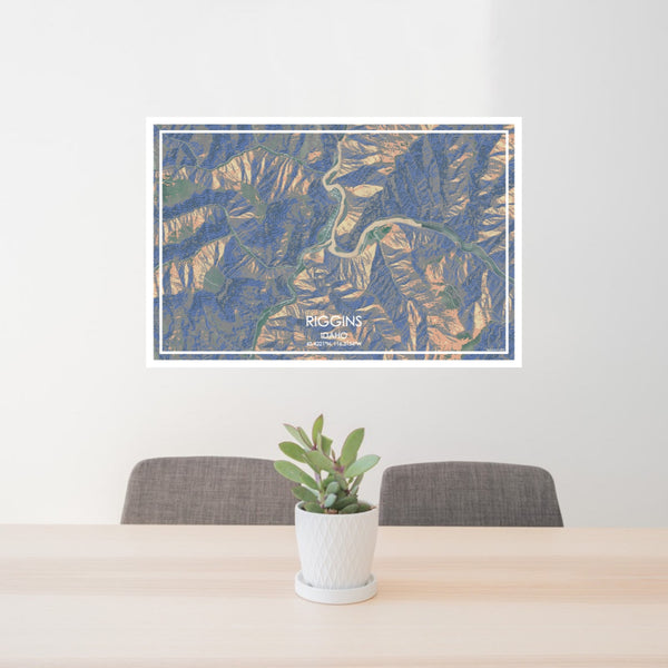 24x36 Riggins Idaho Map Print Lanscape Orientation in Afternoon Style Behind 2 Chairs Table and Potted Plant