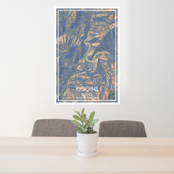 24x36 Riggins Idaho Map Print Portrait Orientation in Afternoon Style Behind 2 Chairs Table and Potted Plant