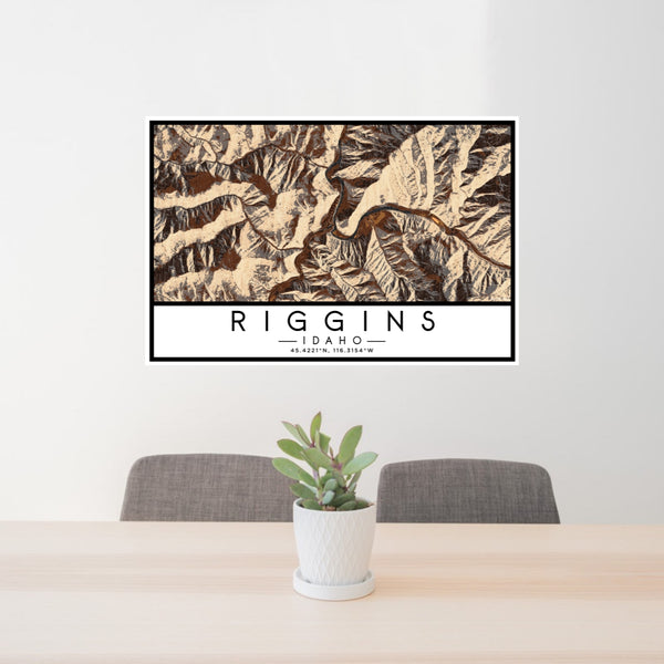 24x36 Riggins Idaho Map Print Lanscape Orientation in Ember Style Behind 2 Chairs Table and Potted Plant