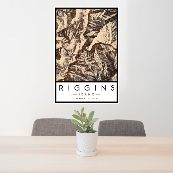 24x36 Riggins Idaho Map Print Portrait Orientation in Ember Style Behind 2 Chairs Table and Potted Plant