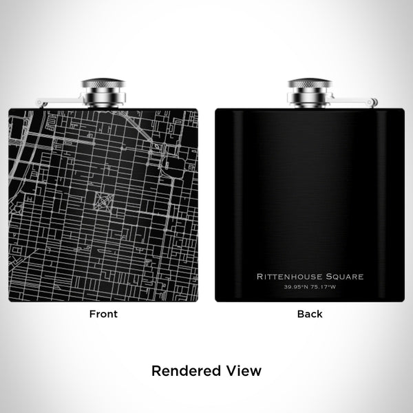 Rendered View of Rittenhouse Square Phila Map Engraving on 6oz Stainless Steel Flask in Black