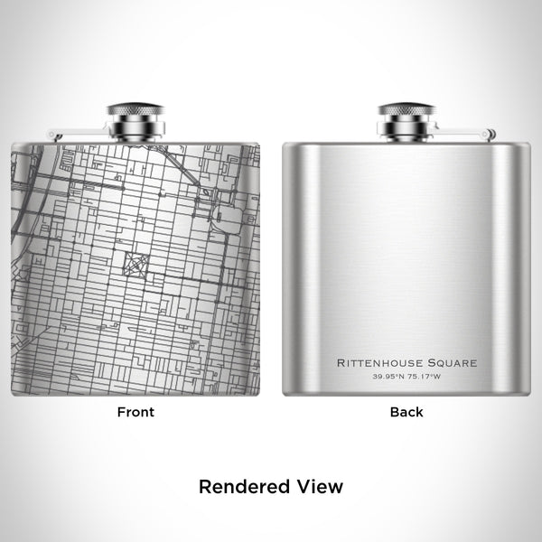 Rendered View of Rittenhouse Square Phila Map Engraving on 6oz Stainless Steel Flask