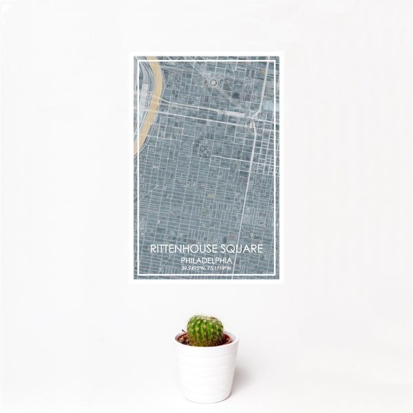 12x18 Rittenhouse Square Philadelphia Map Print Portrait Orientation in Afternoon Style With Small Cactus Plant in White Planter