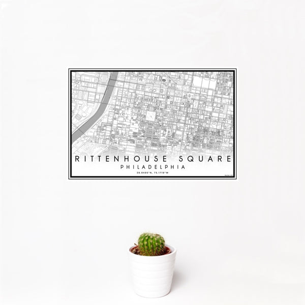 12x18 Rittenhouse Square Philadelphia Map Print Landscape Orientation in Classic Style With Small Cactus Plant in White Planter