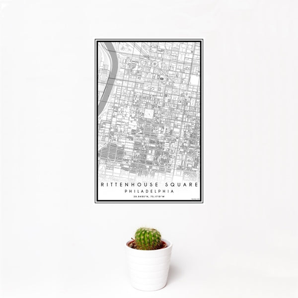 12x18 Rittenhouse Square Philadelphia Map Print Portrait Orientation in Classic Style With Small Cactus Plant in White Planter