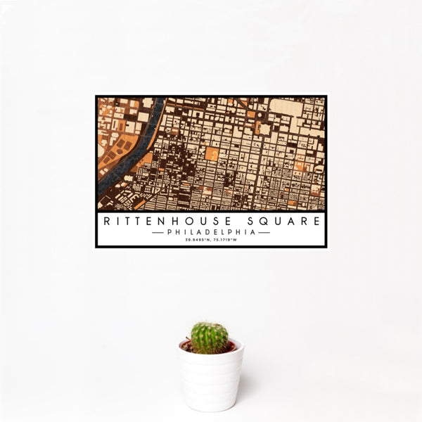 12x18 Rittenhouse Square Philadelphia Map Print Landscape Orientation in Ember Style With Small Cactus Plant in White Planter