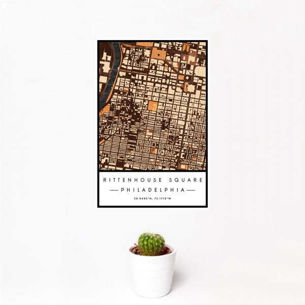 12x18 Rittenhouse Square Philadelphia Map Print Portrait Orientation in Ember Style With Small Cactus Plant in White Planter