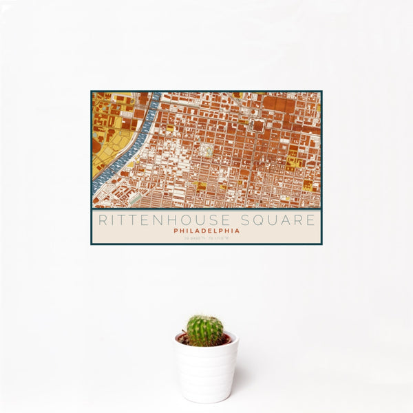 12x18 Rittenhouse Square Philadelphia Map Print Landscape Orientation in Woodblock Style With Small Cactus Plant in White Planter
