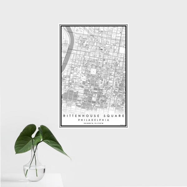 16x24 Rittenhouse Square Philadelphia Map Print Portrait Orientation in Classic Style With Tropical Plant Leaves in Water