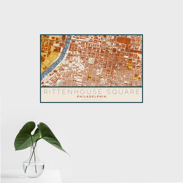 16x24 Rittenhouse Square Philadelphia Map Print Landscape Orientation in Woodblock Style With Tropical Plant Leaves in Water